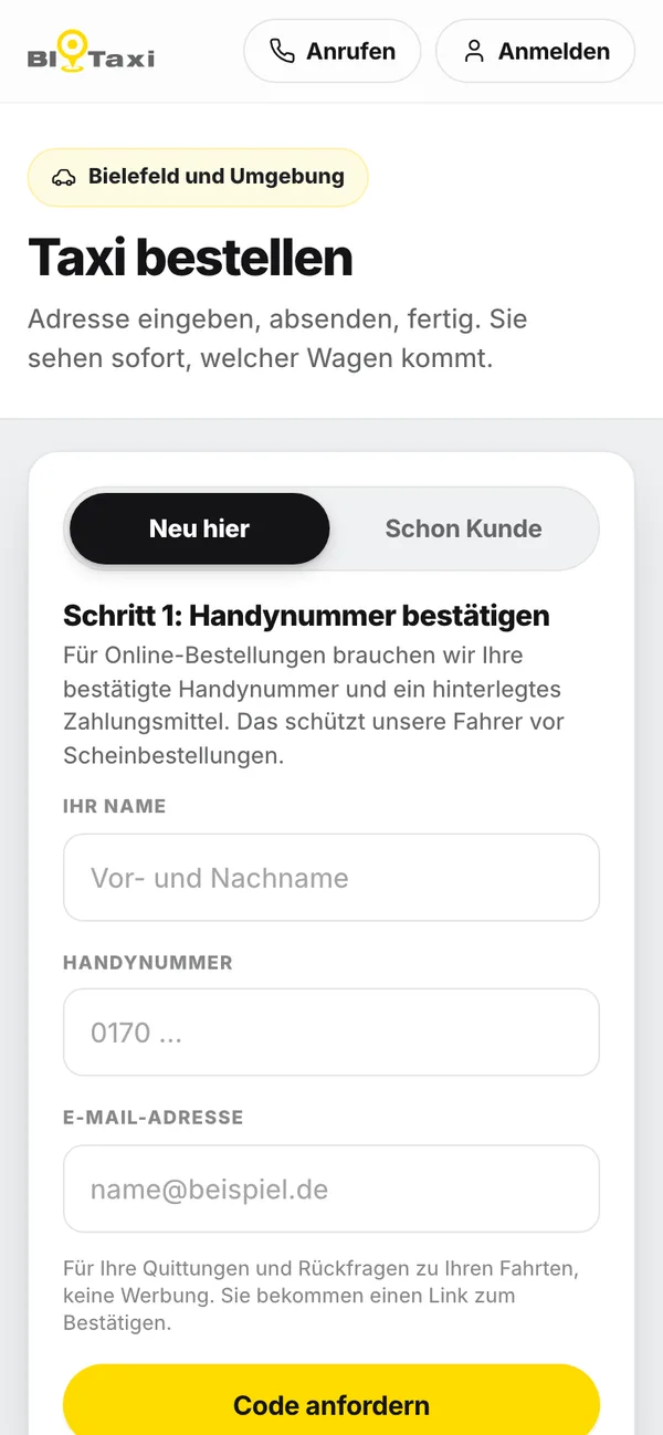 Bestellseite von BI-Taxi auf dem Handy: Taxi bestellen, Schritt 1 Handynummer bestätigen