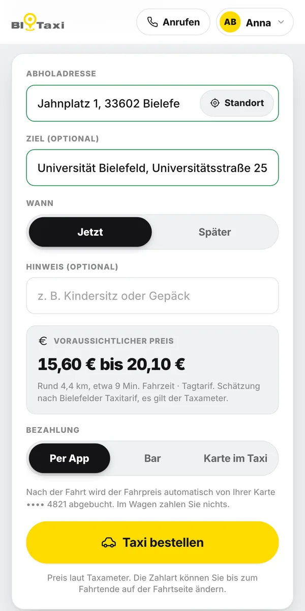 BI-Taxi App: Bestellung mit voraussichtlichem Preis vor dem Absenden