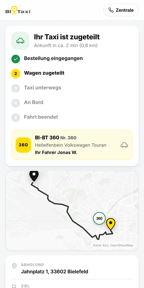 BI-Taxi App: Ihr Taxi ist zugeteilt, mit Kennzeichen, Fahrer und Anfahrt auf der Karte