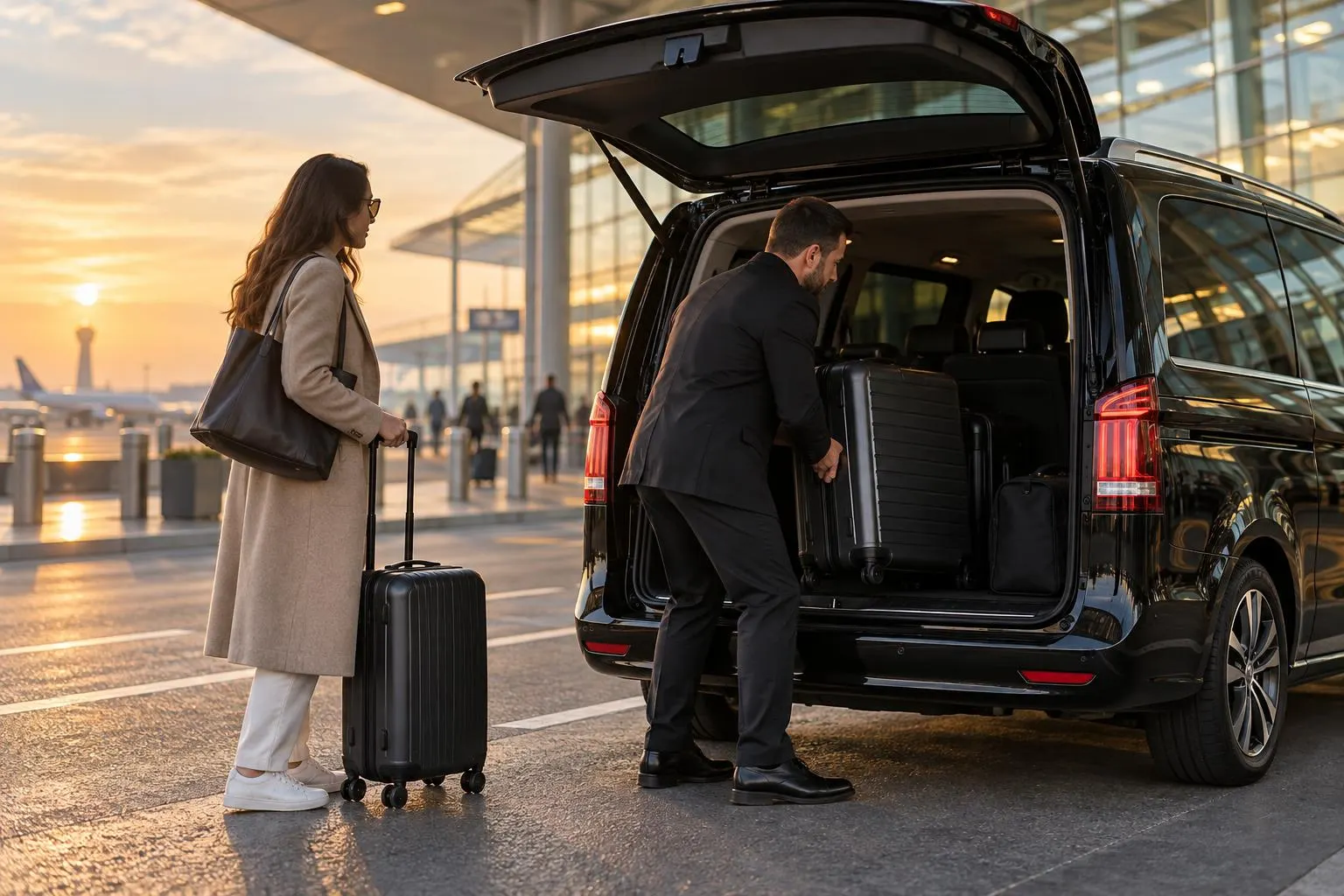 Fahrer lädt am Flughafen Gepäck ein