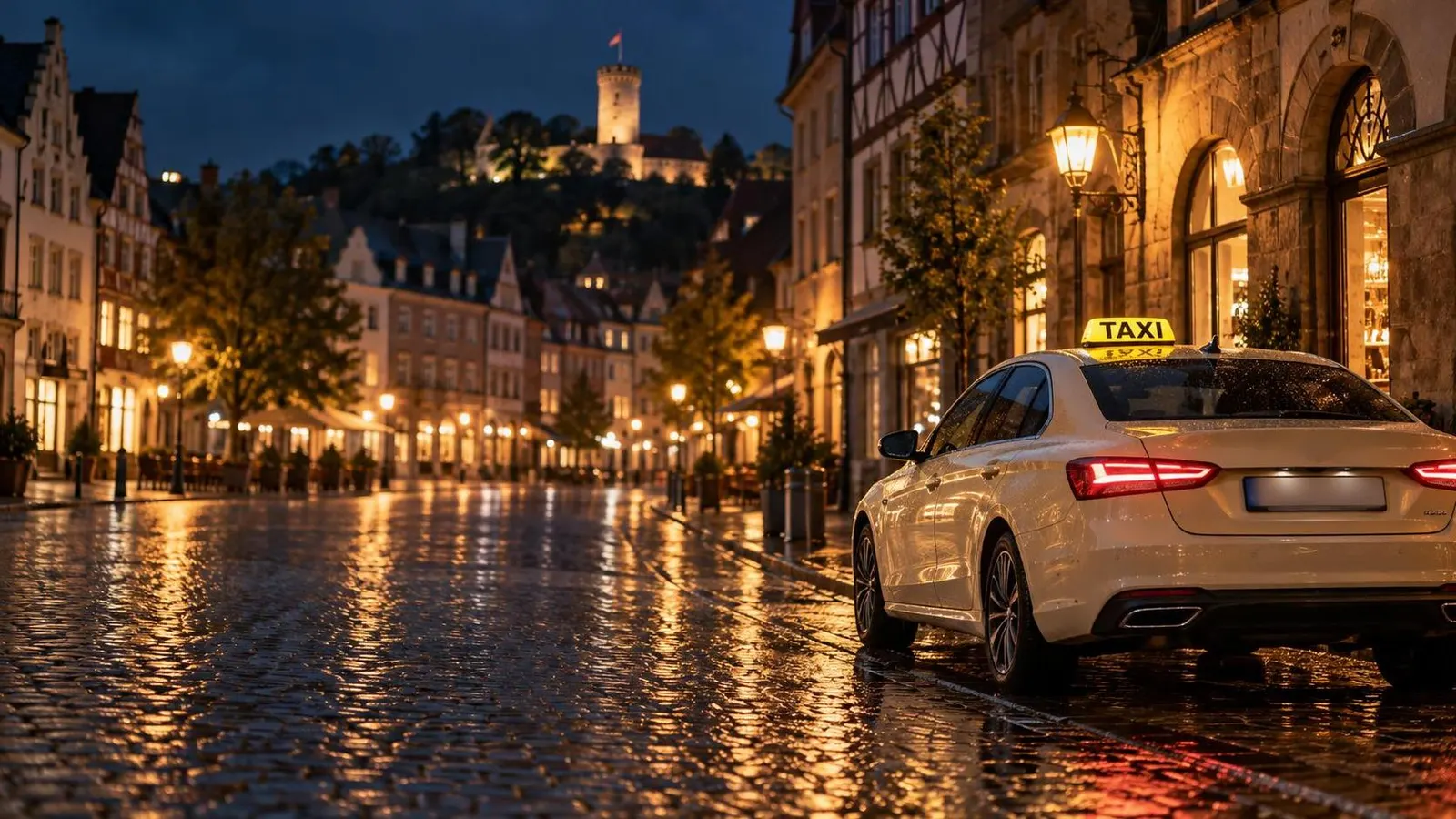 Taxi mit beleuchtetem Dachschild nachts in einer Altstadtgasse, im Hintergrund eine Burg auf dem Hügel