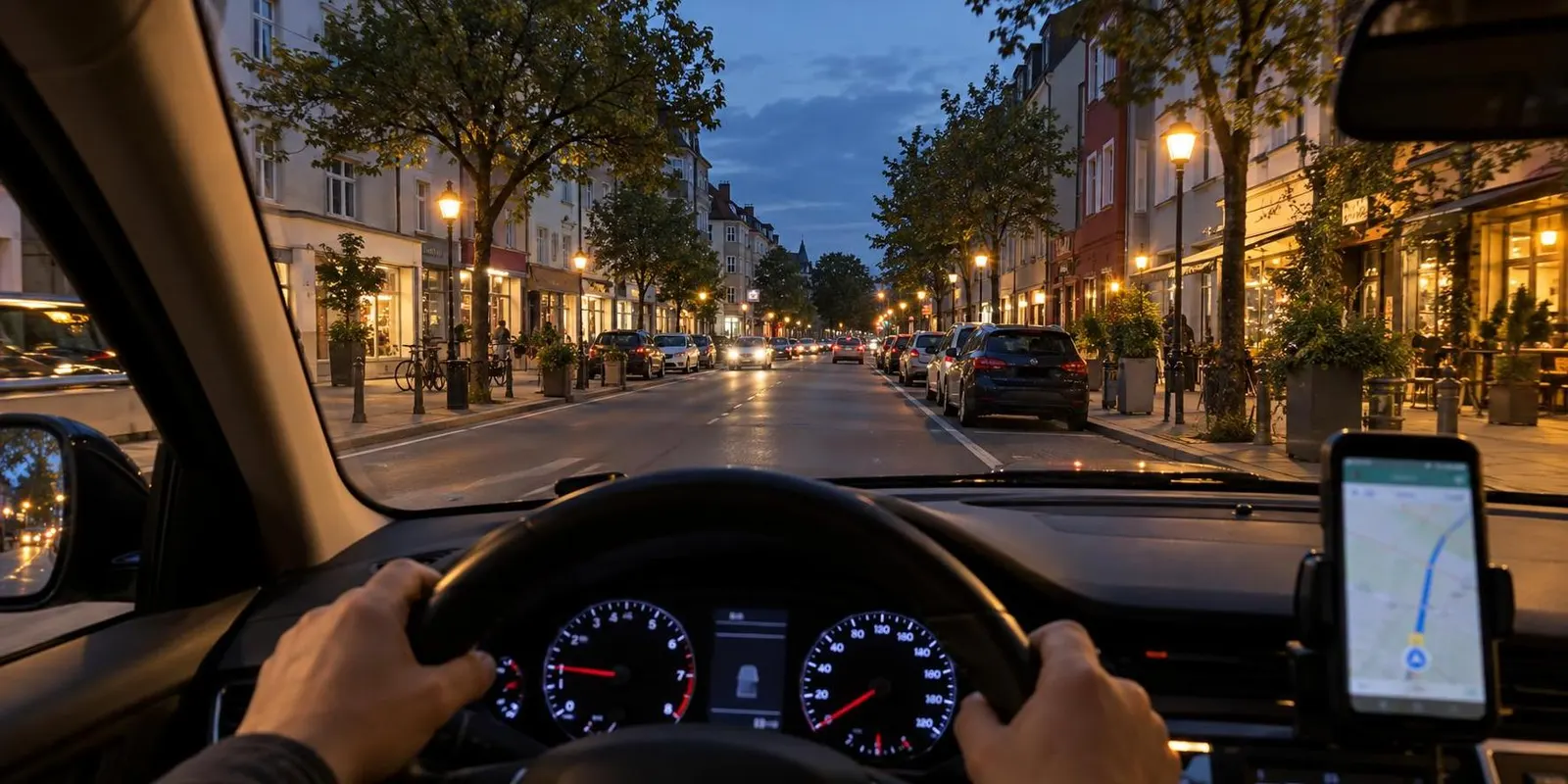 Blick vom Fahrersitz auf eine Stadtstraße am Abend